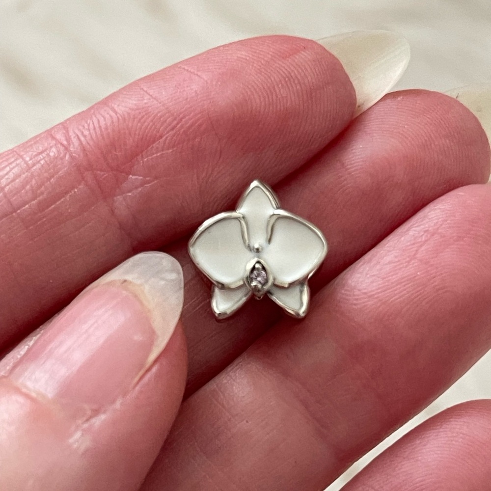 White Orchid Flower Charm 925 Sterling - Picture 2 of 5